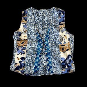 BCW Clothing Womens 100% Rayon Blue/White Button-Front Vest, L, With Floral & Pa